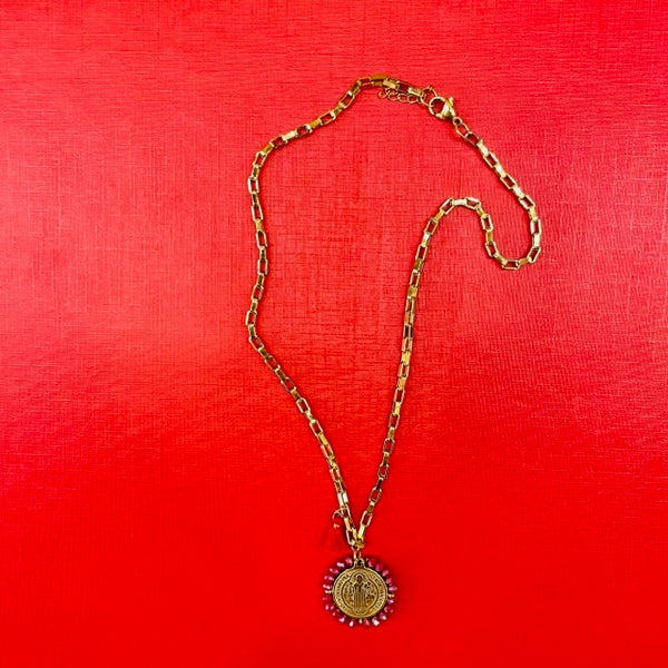 Medalla de San Benito,Patron de Europa Necklace Red